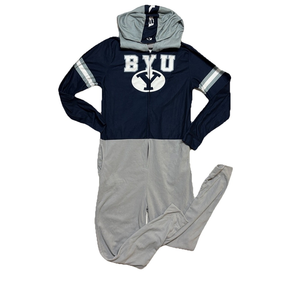 BYU Cougars Adult Hooded One Piece Pajama Onesie S Blue Gray NCAA Lounge Sleeper